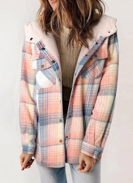 Plaid Long Sleeve Fur Hooded Jacket - Pink