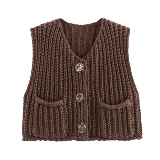 Brown Sleeveless Chunky Large 3 Button Crop Knit Vest
