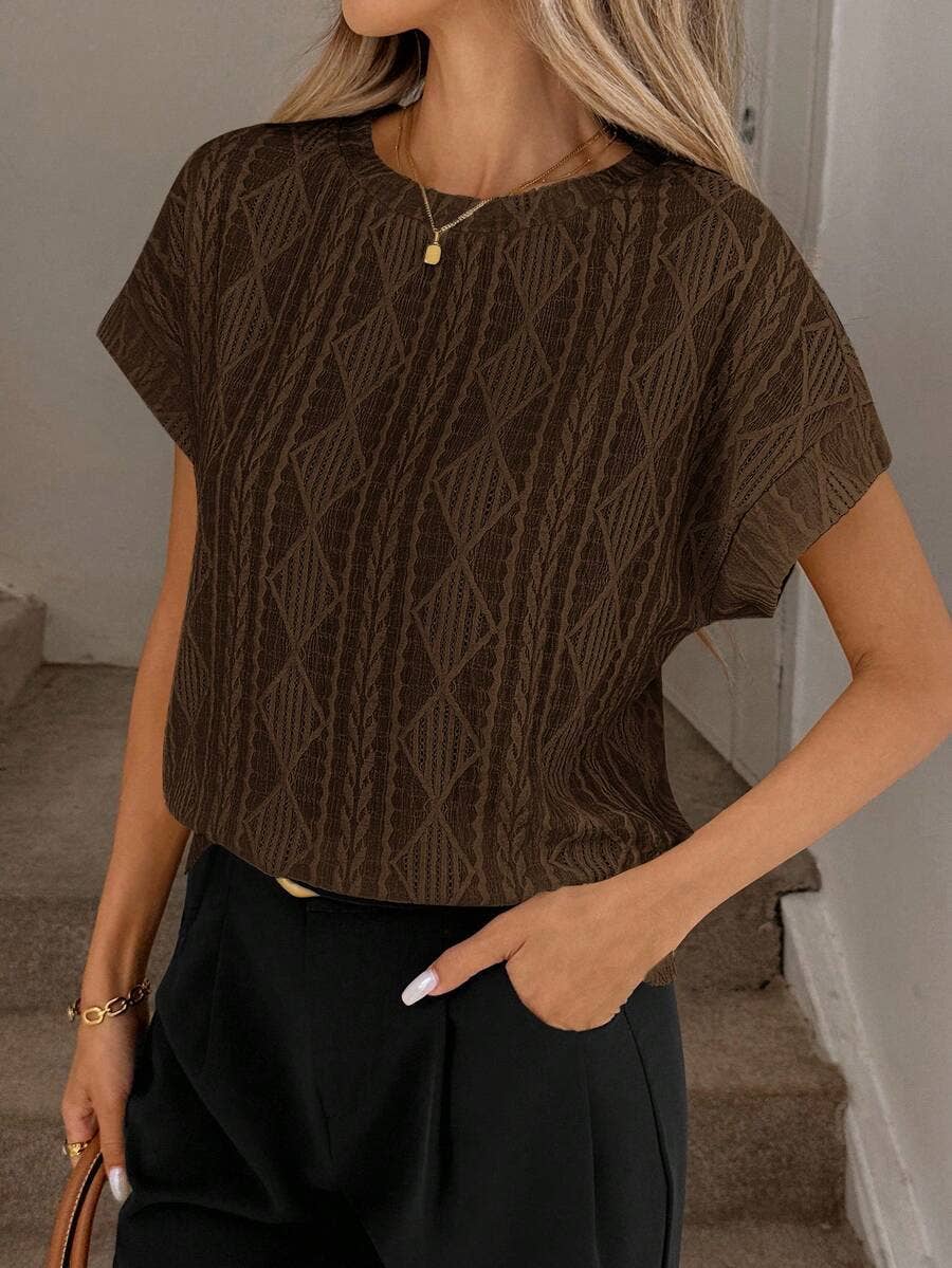 Coffee Textured Jacquard Short Sleeve Casual Tee