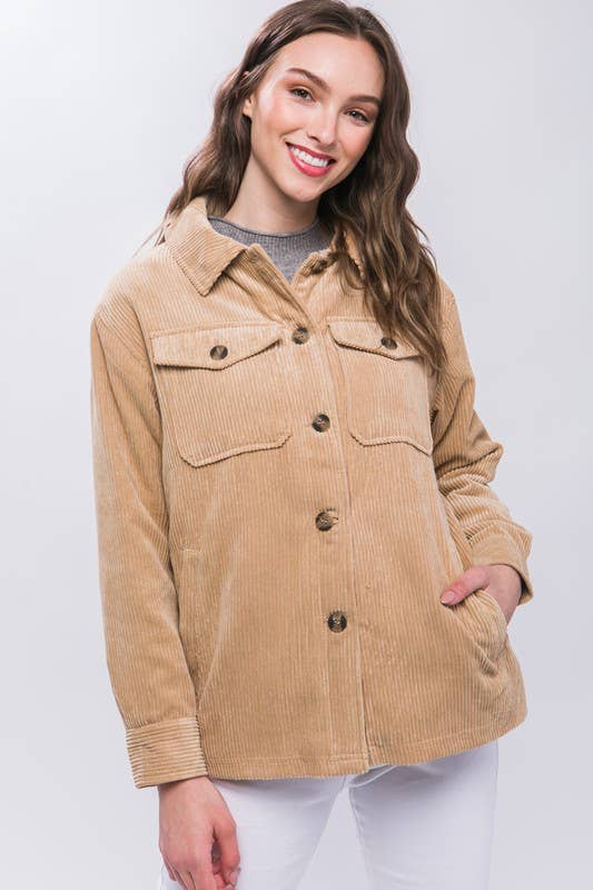 Beige Corduroy Button Up Jacket with Sherpa Lining