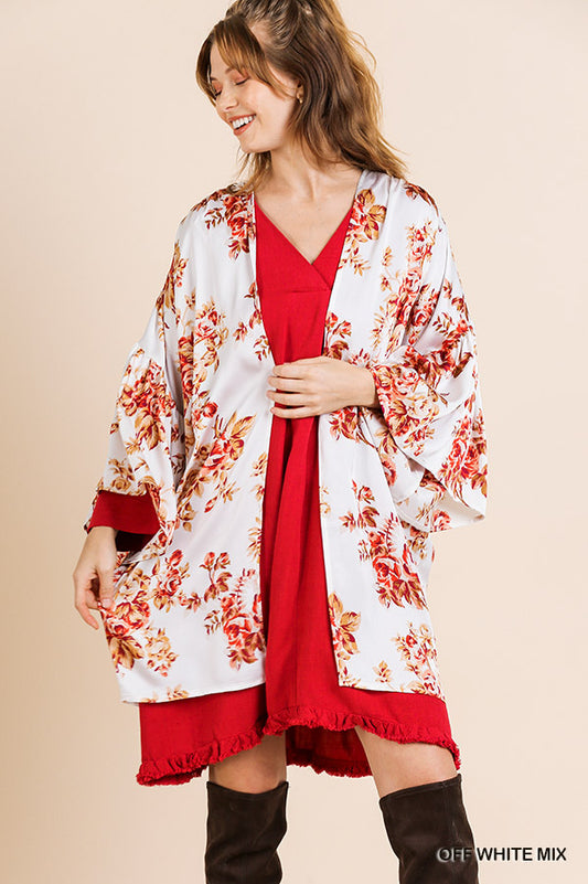 Floral Print Bell Sleeve Satin Open Front Kimono