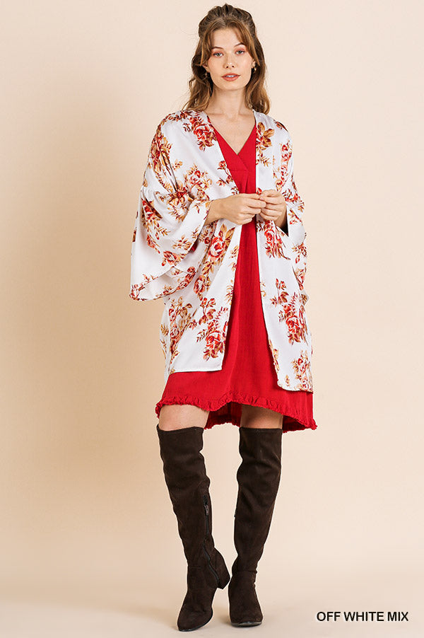 Floral Print Bell Sleeve Satin Open Front Kimono