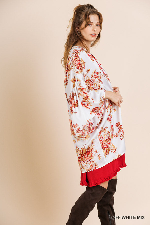 Floral Print Bell Sleeve Satin Open Front Kimono