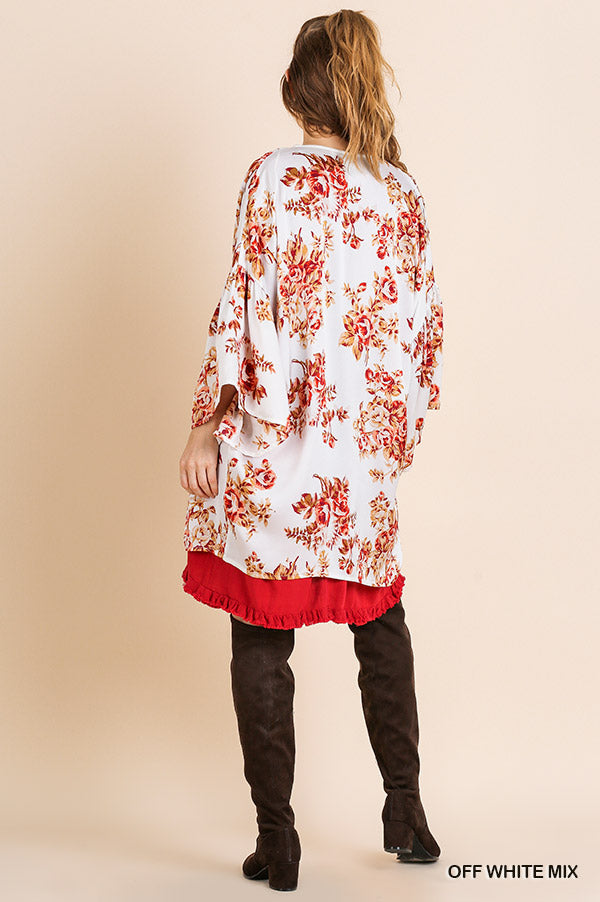 Floral Print Bell Sleeve Satin Open Front Kimono