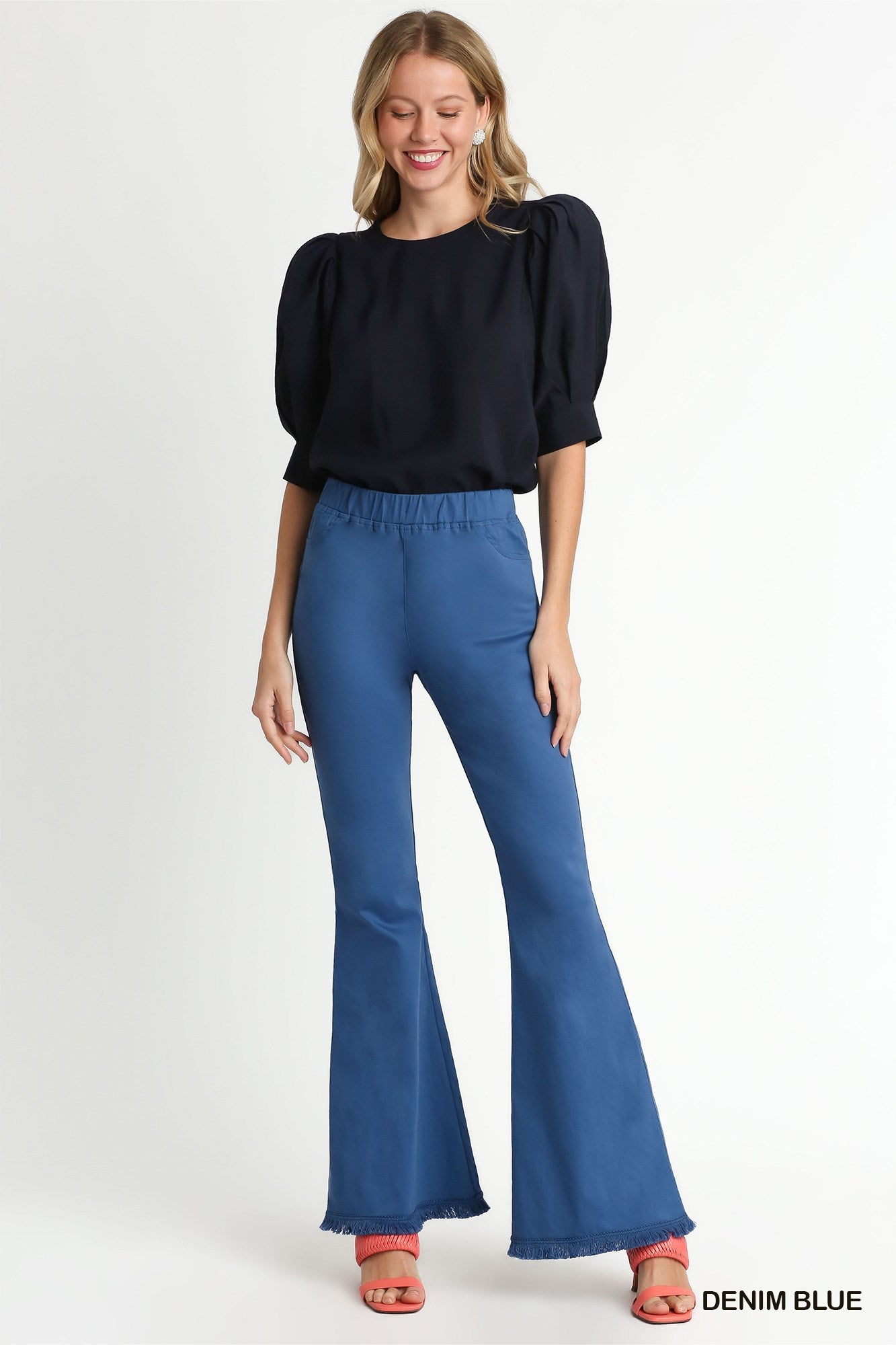 Denim Blue Stretch Wide Flare Leg Pant with Elastic Waist
