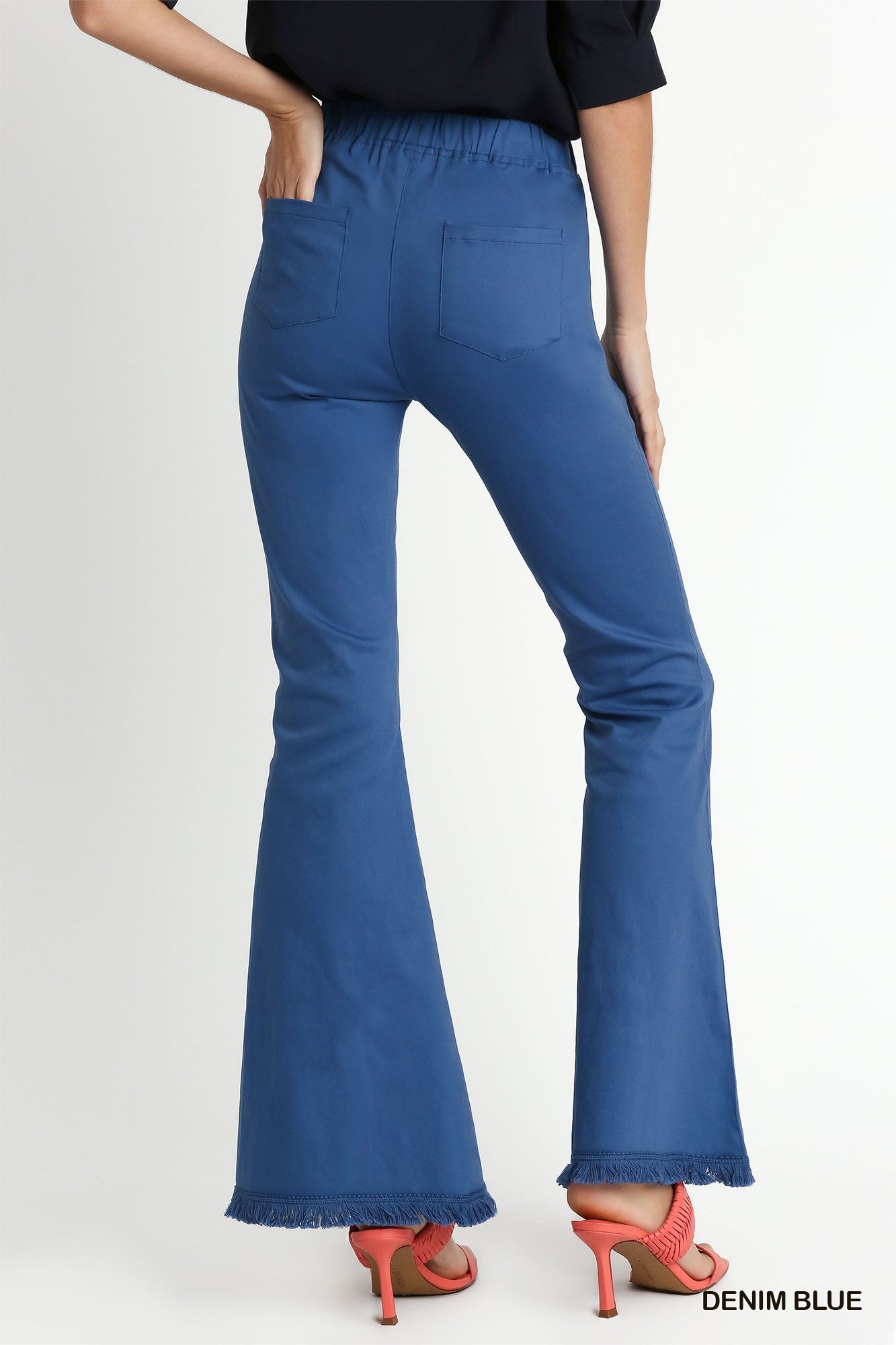 Denim Blue Stretch Wide Flare Leg Pant with Elastic Waist