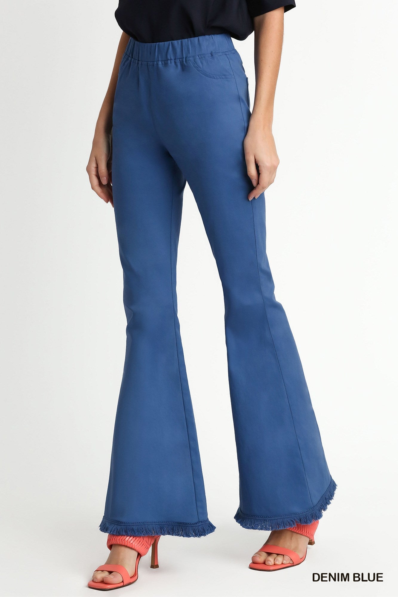 Denim Blue Stretch Wide Flare Leg Pant with Elastic Waist