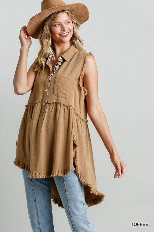 Toffee Linen Sleeveless Button Front Tunic Top
