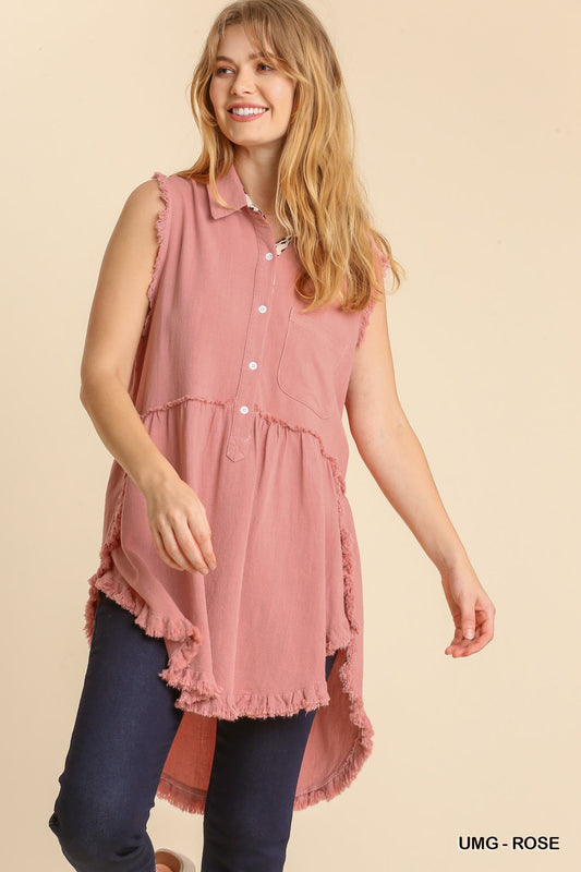 Rose Linen Sleeveless Button Front Tunic Top
