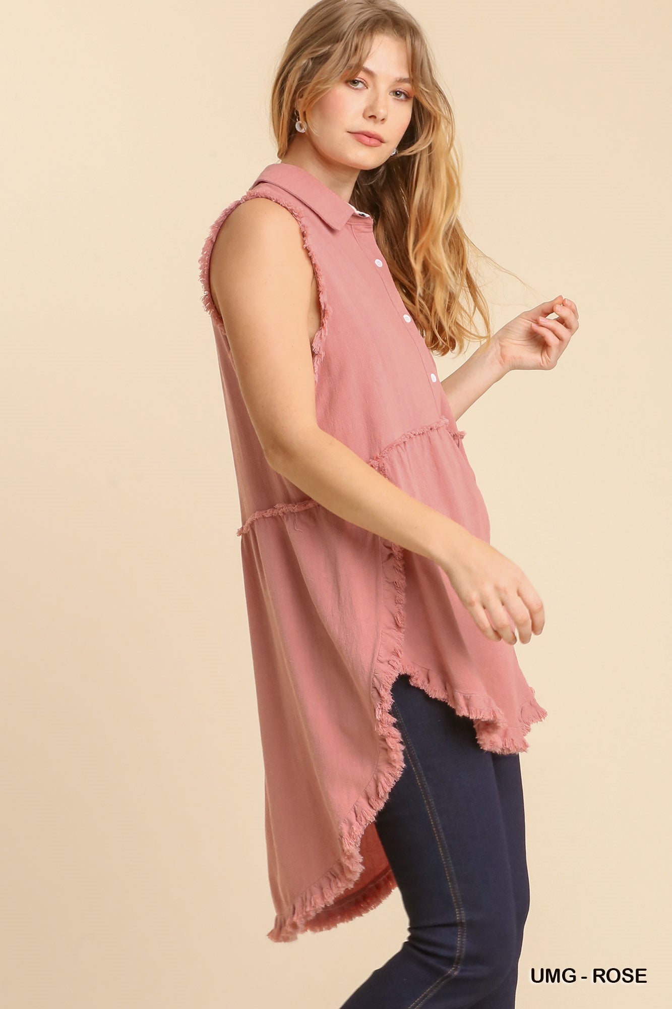 Rose Linen Sleeveless Button Front Tunic Top