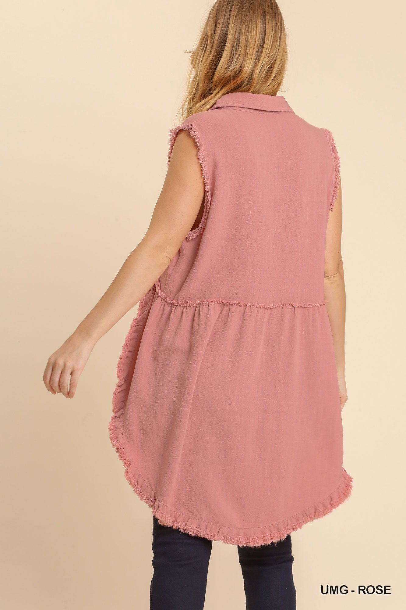 Rose Linen Sleeveless Button Front Tunic Top