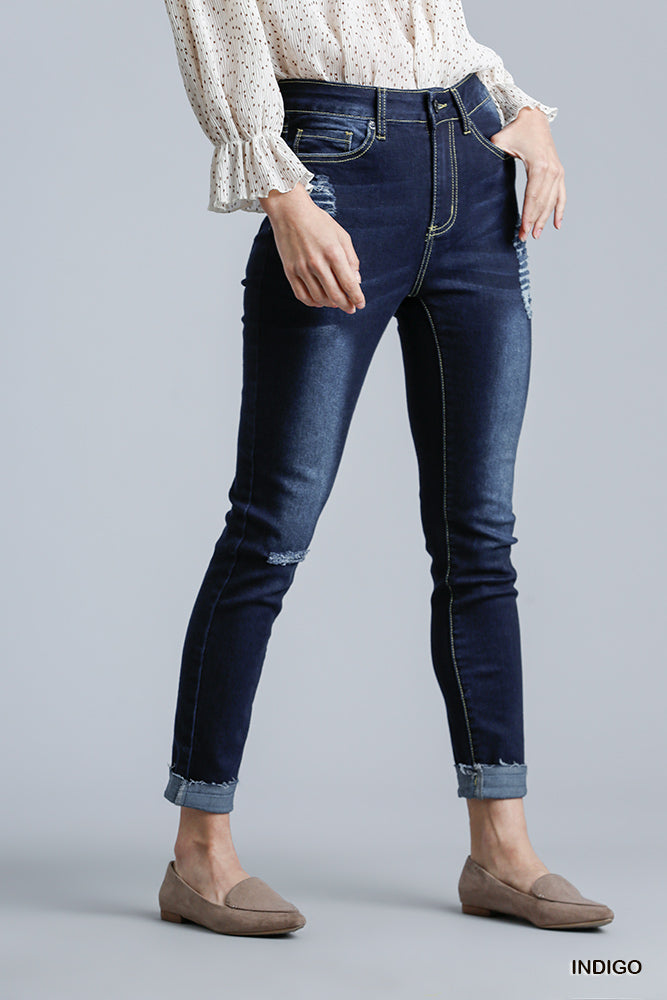 Indigo High Rise Distressed Stretch Skinny Jeans