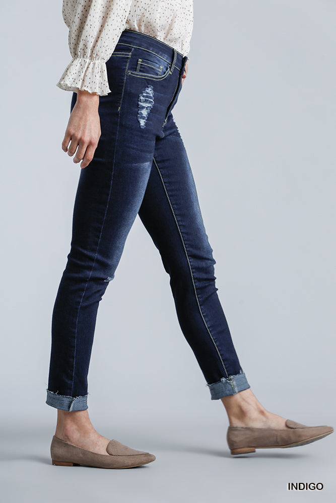 Indigo High Rise Distressed Stretch Skinny Jeans
