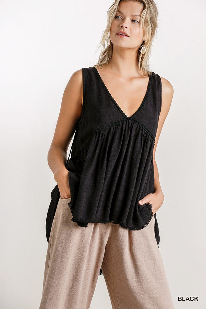 Black Linen Blend Hi-Lo V Neck Sleeveless Top