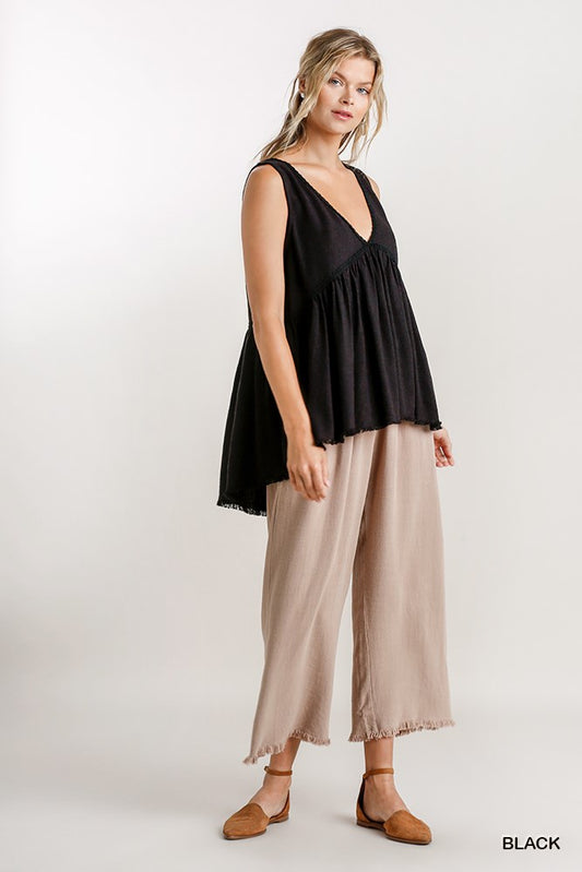 Black Linen Blend Hi-Lo V Neck Sleeveless Top