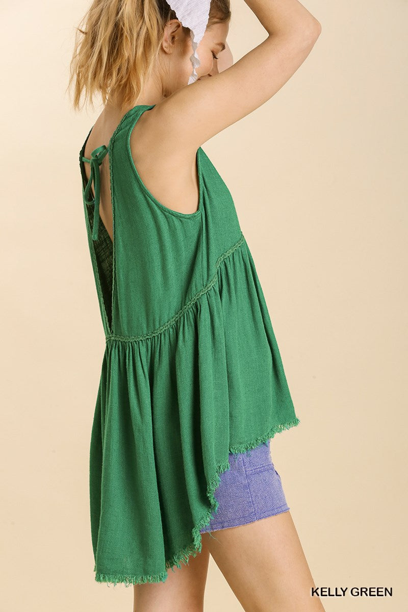 Green Linen Blend Hi-Lo V Neck Sleeveless Top