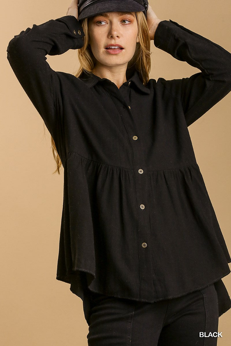 Black Button Down Collar Babydoll Top