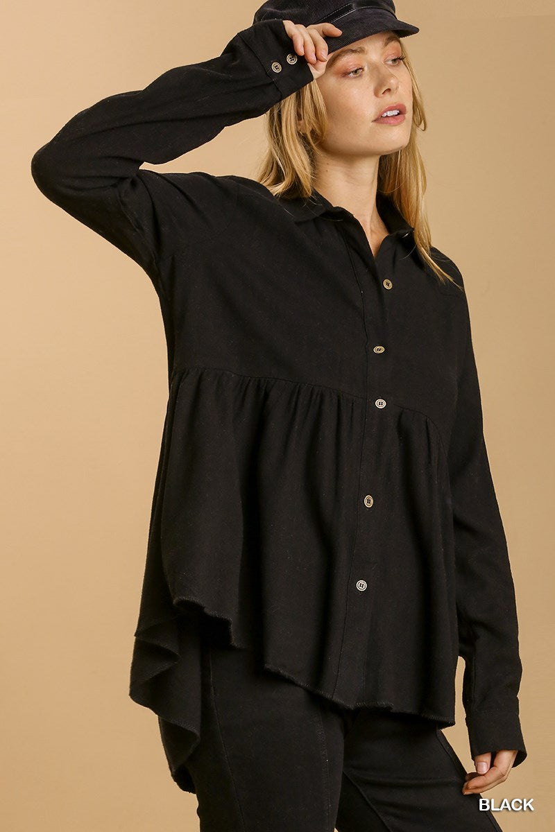 Black Button Down Collar Babydoll Top