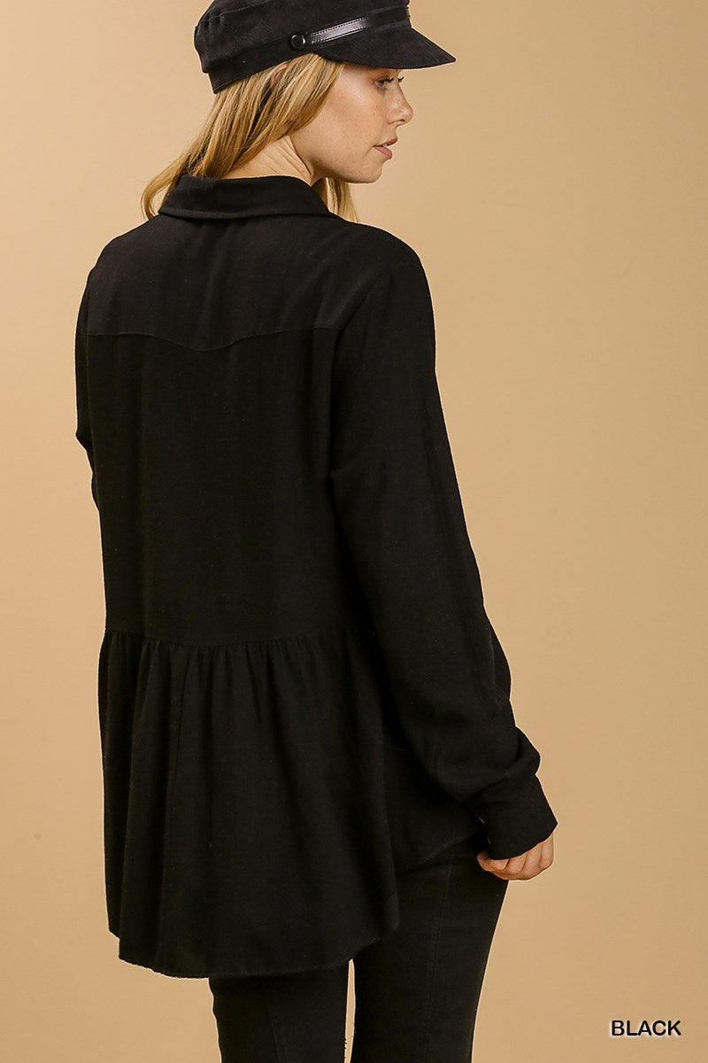 Black Button Down Collar Babydoll Top