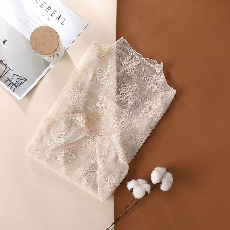 Beige Semi Sheer Mesh Floral Lace Layering Top