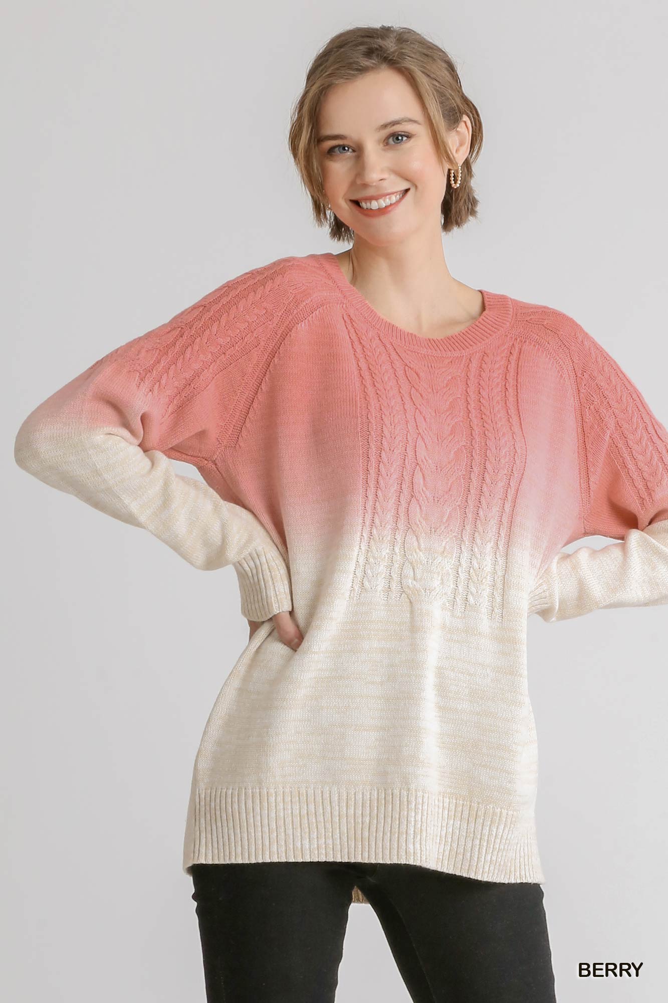 Berry Ombre Dip Dye Cable Knit Pullover Sweater