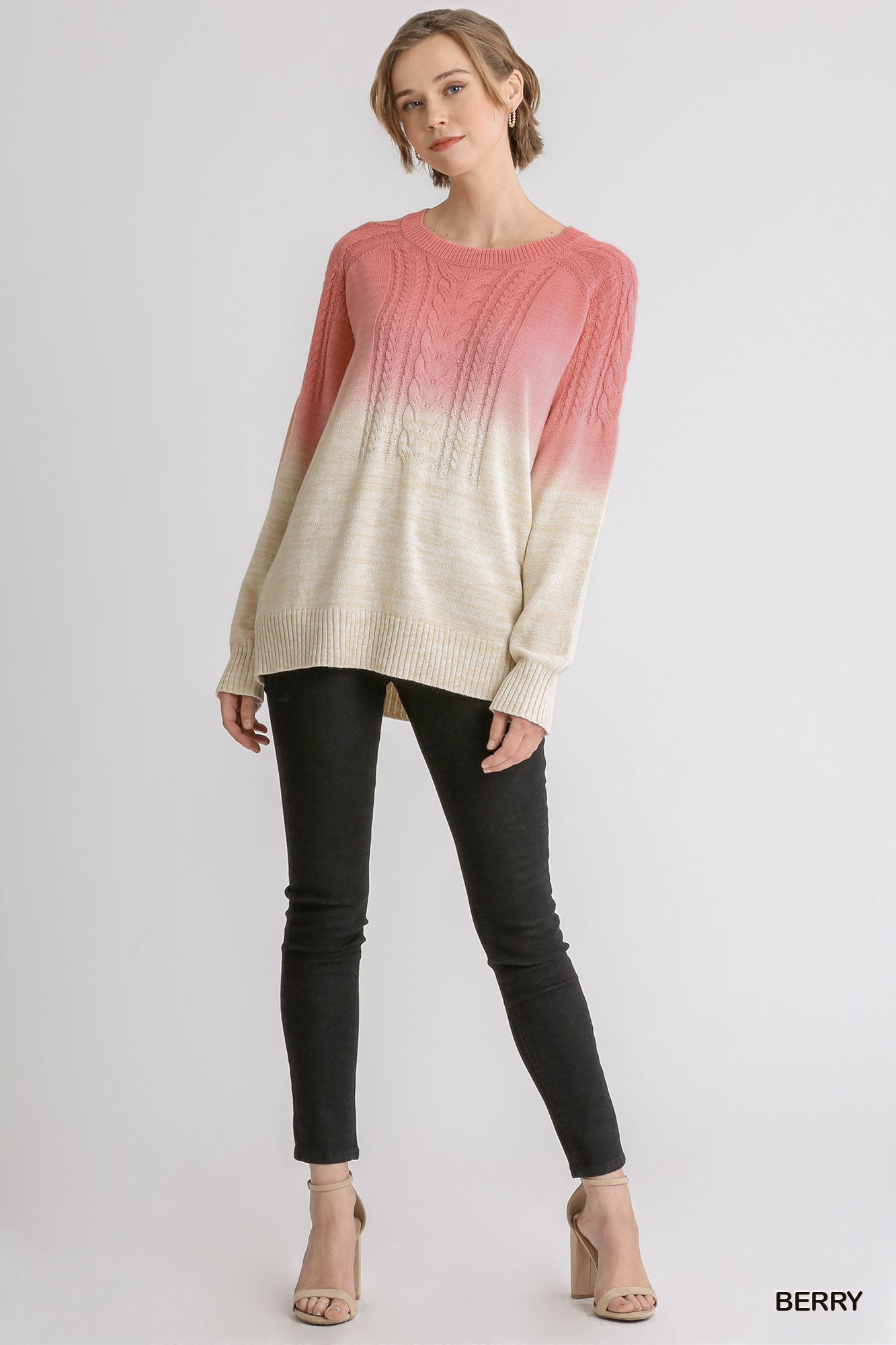 Berry Ombre Dip Dye Cable Knit Pullover Sweater