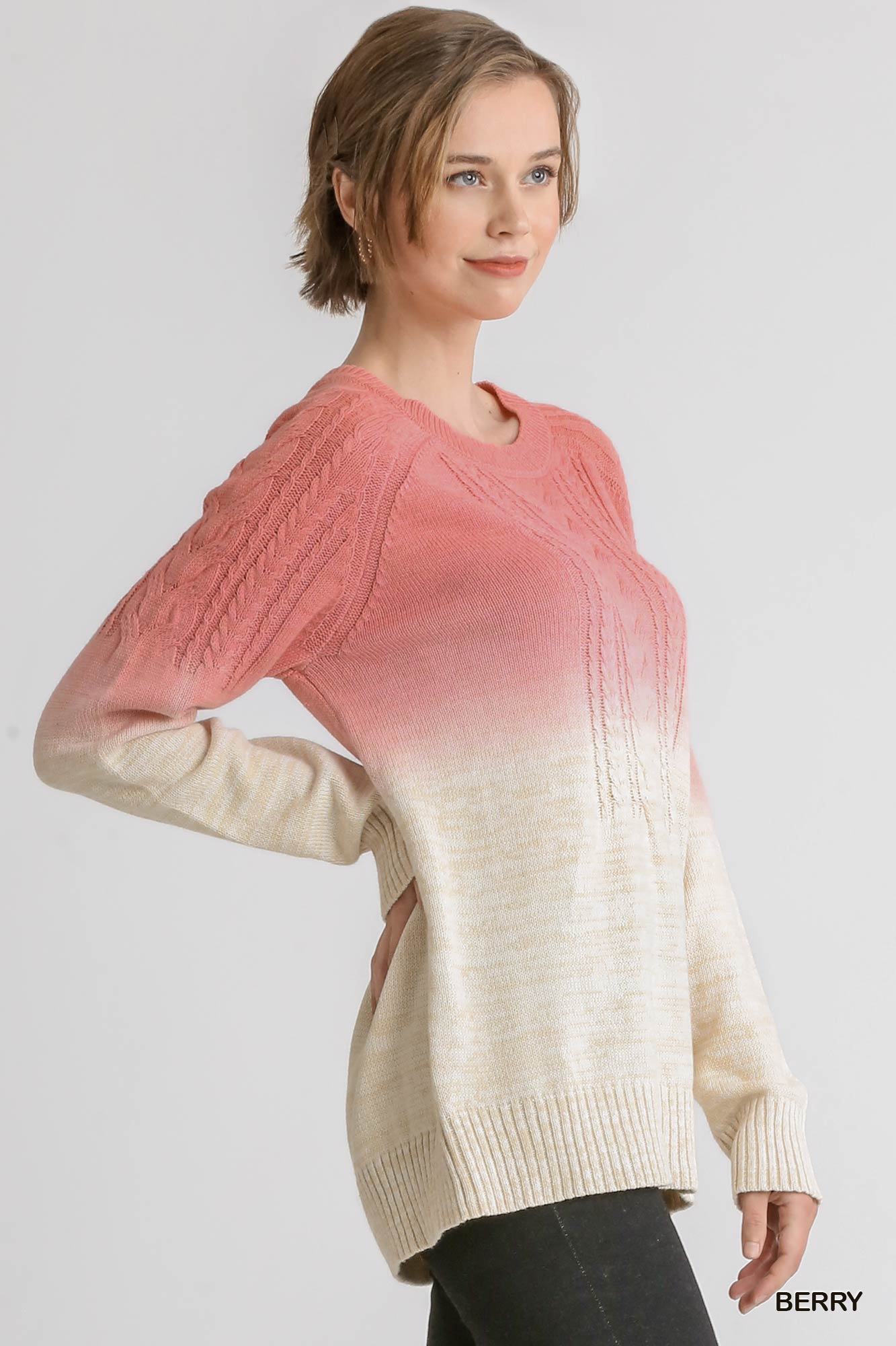 Berry Ombre Dip Dye Cable Knit Pullover Sweater