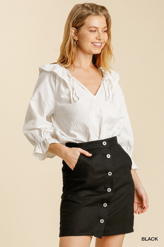 Black Linen Blend Button Down Skirt with Pockets