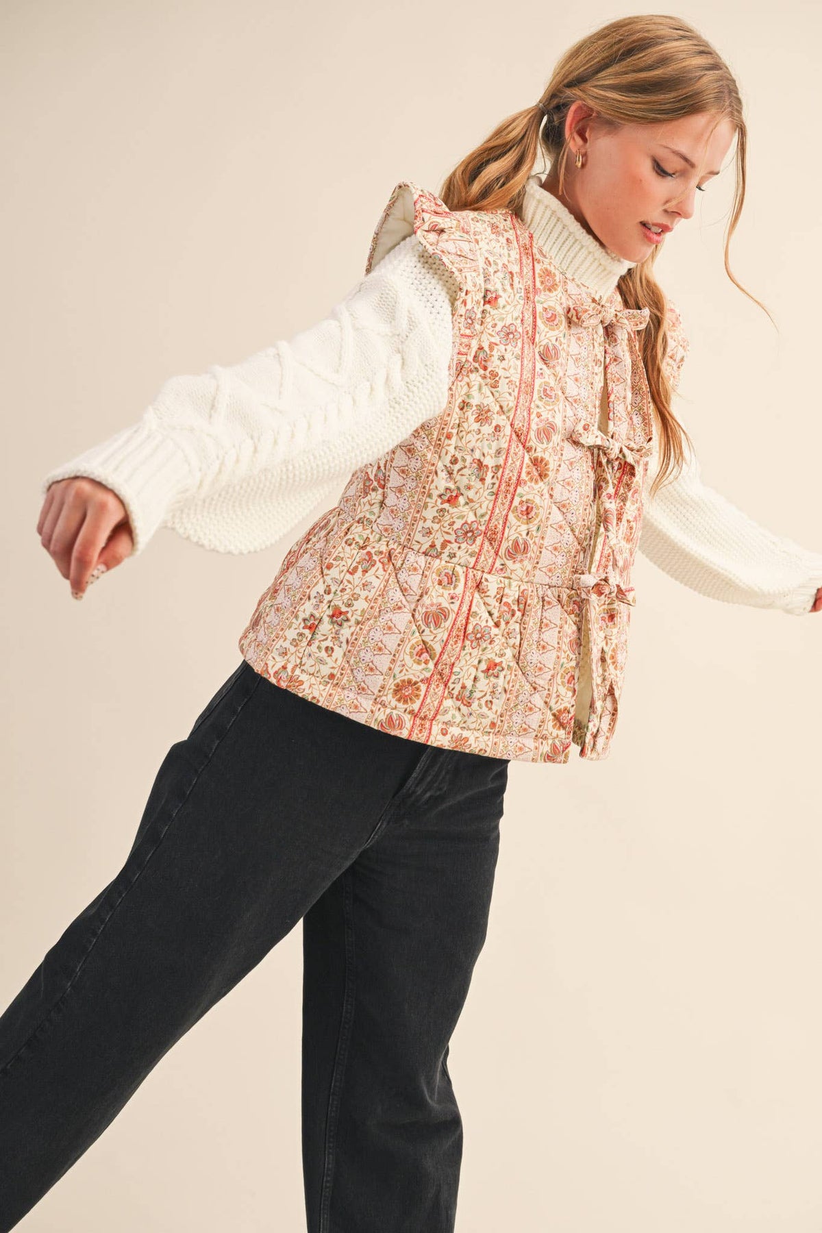 Quilted Floral Vest with Flutter Sleeves