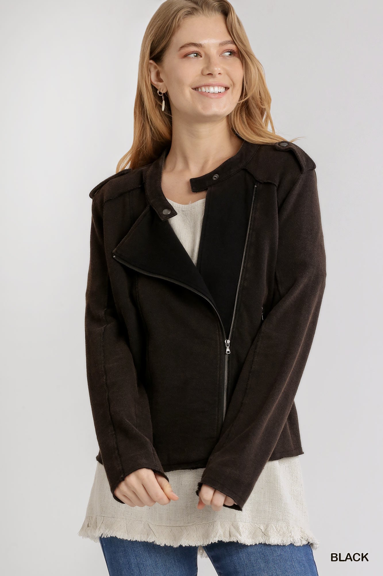 Black French Terry Zip-Up Moto Jacket