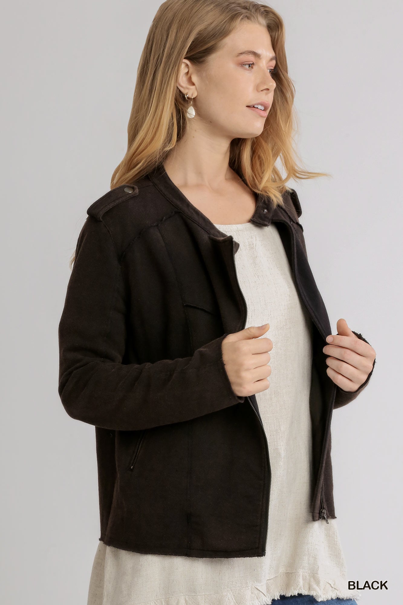 Black French Terry Zip-Up Moto Jacket