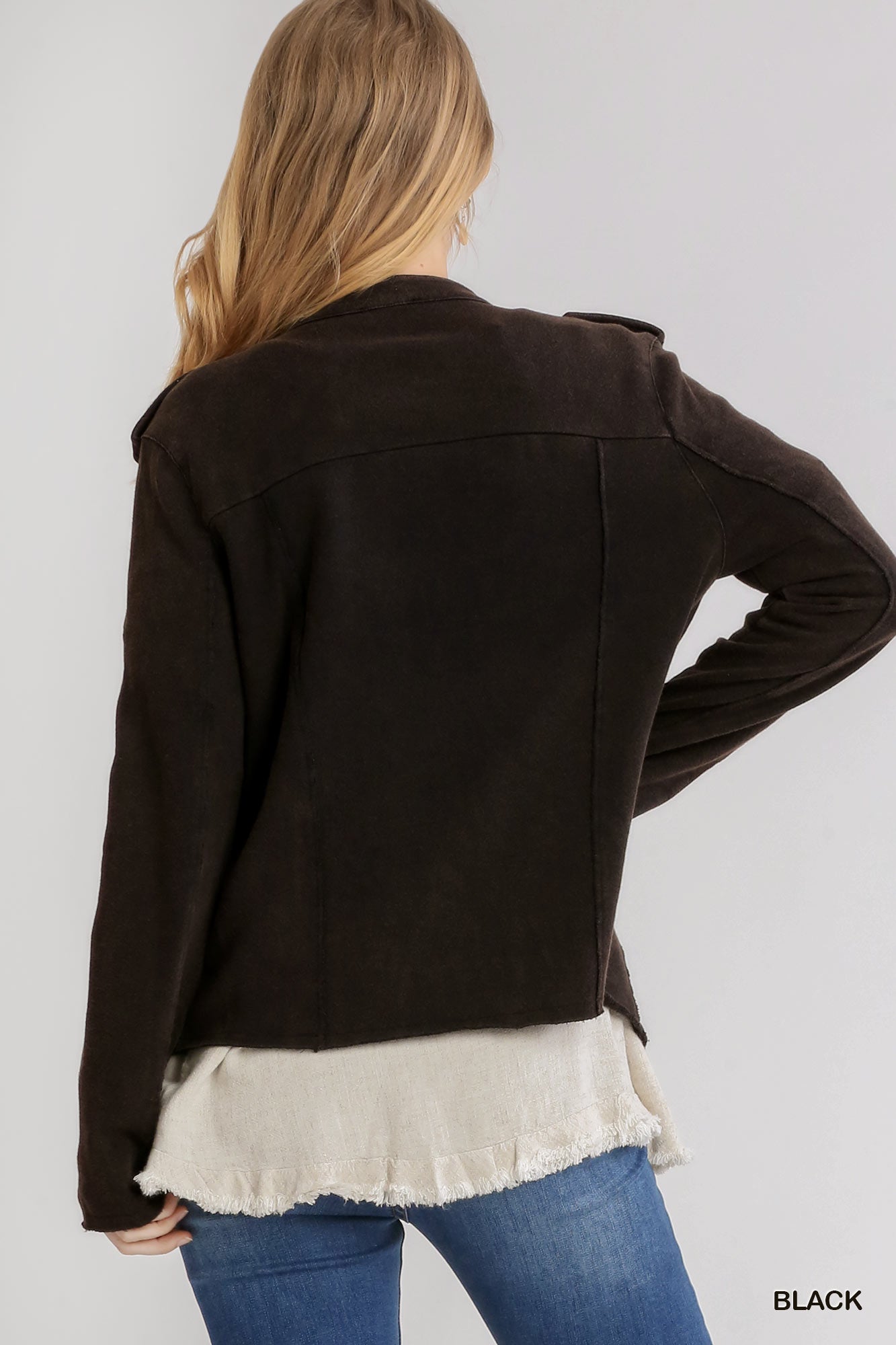 Black French Terry Zip-Up Moto Jacket