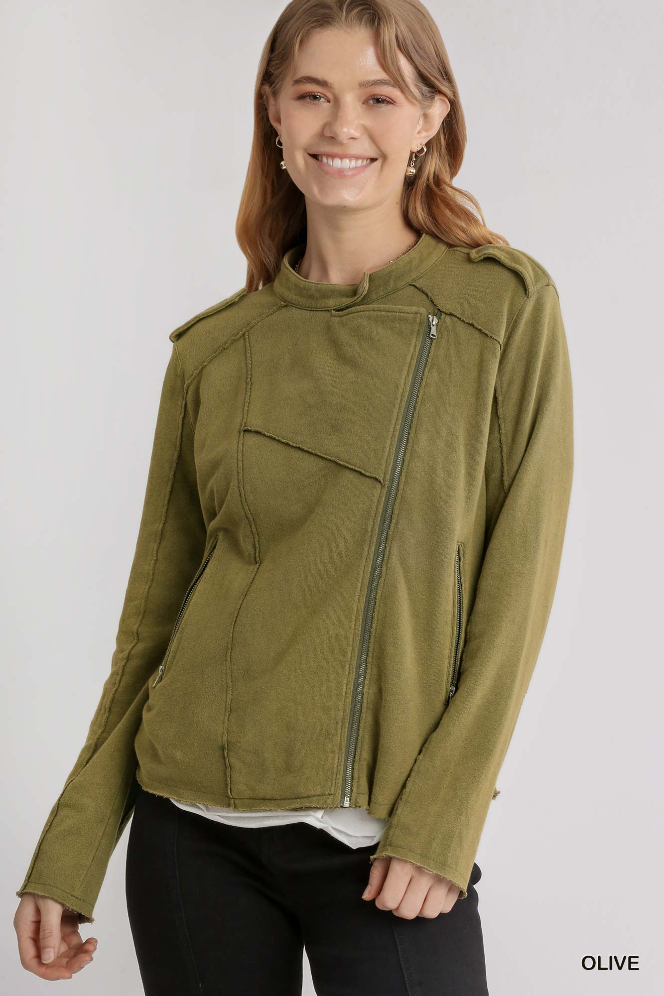 Olive French Terry Zip-Up Moto Jacket