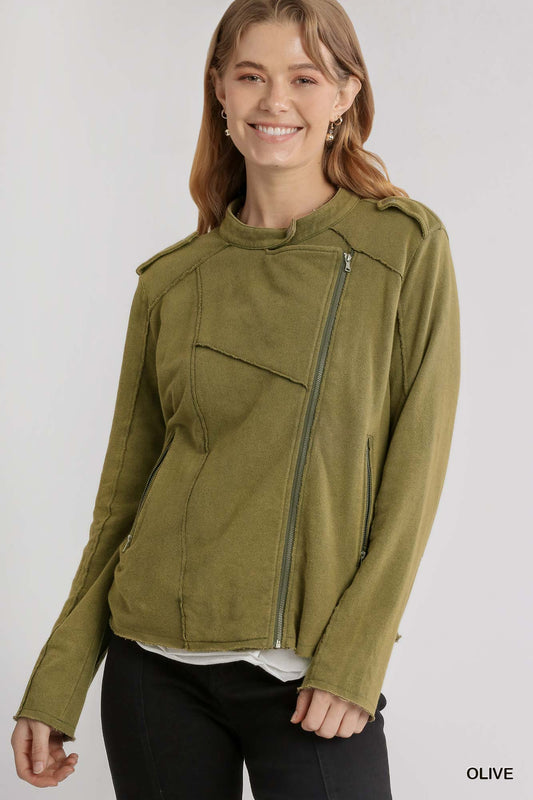 Olive French Terry Zip-Up Moto Jacket