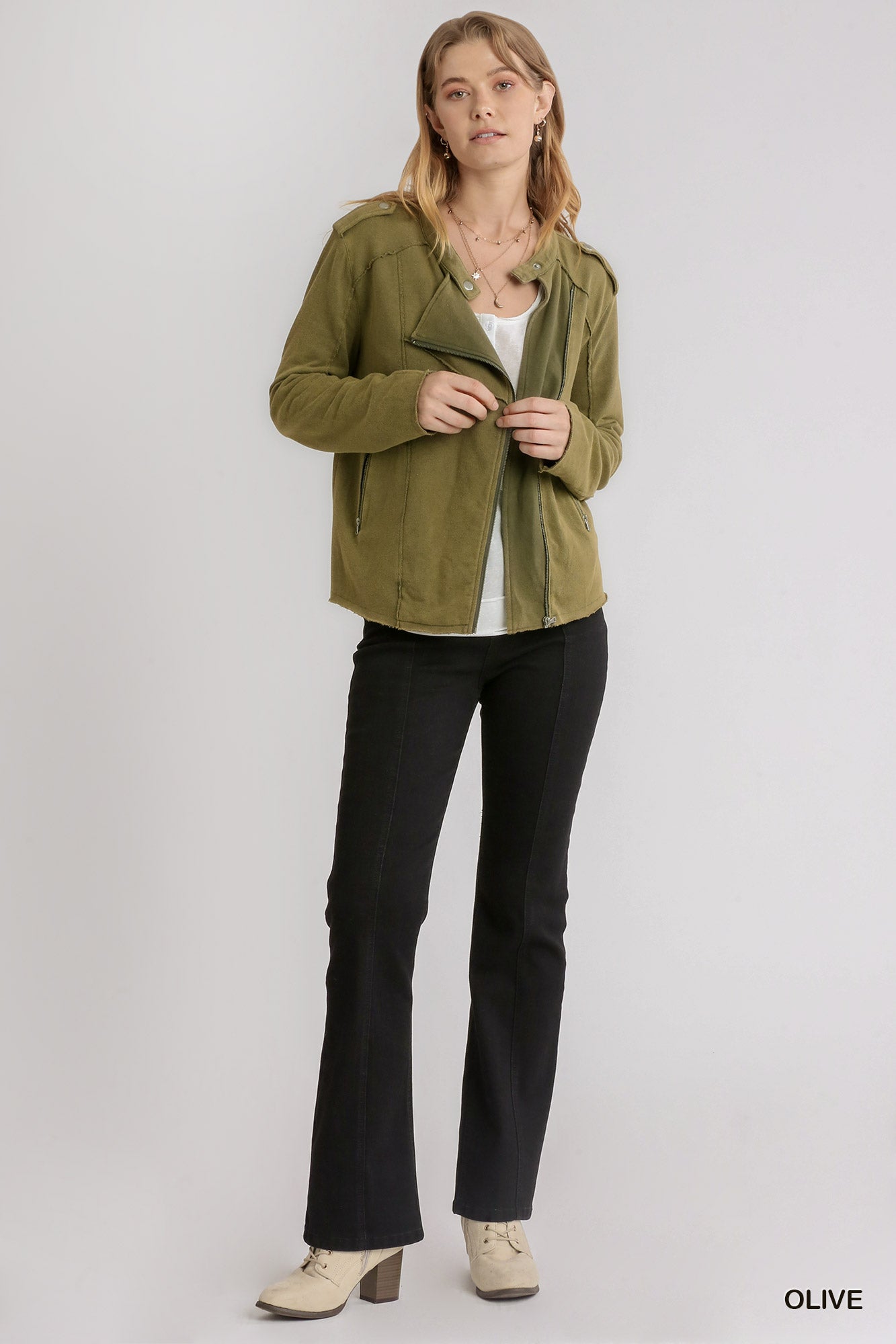 Olive French Terry Zip-Up Moto Jacket