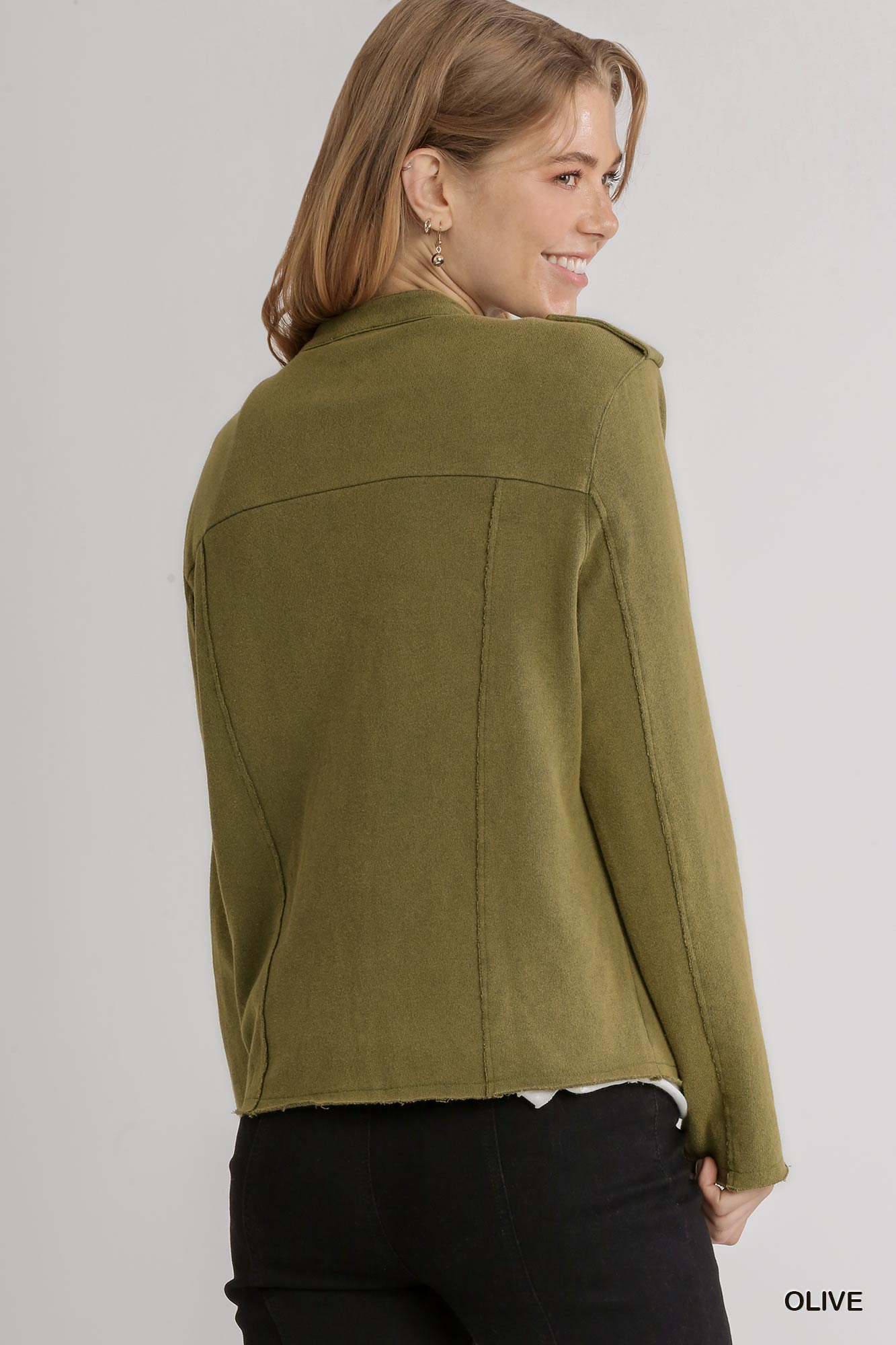 Olive French Terry Zip-Up Moto Jacket