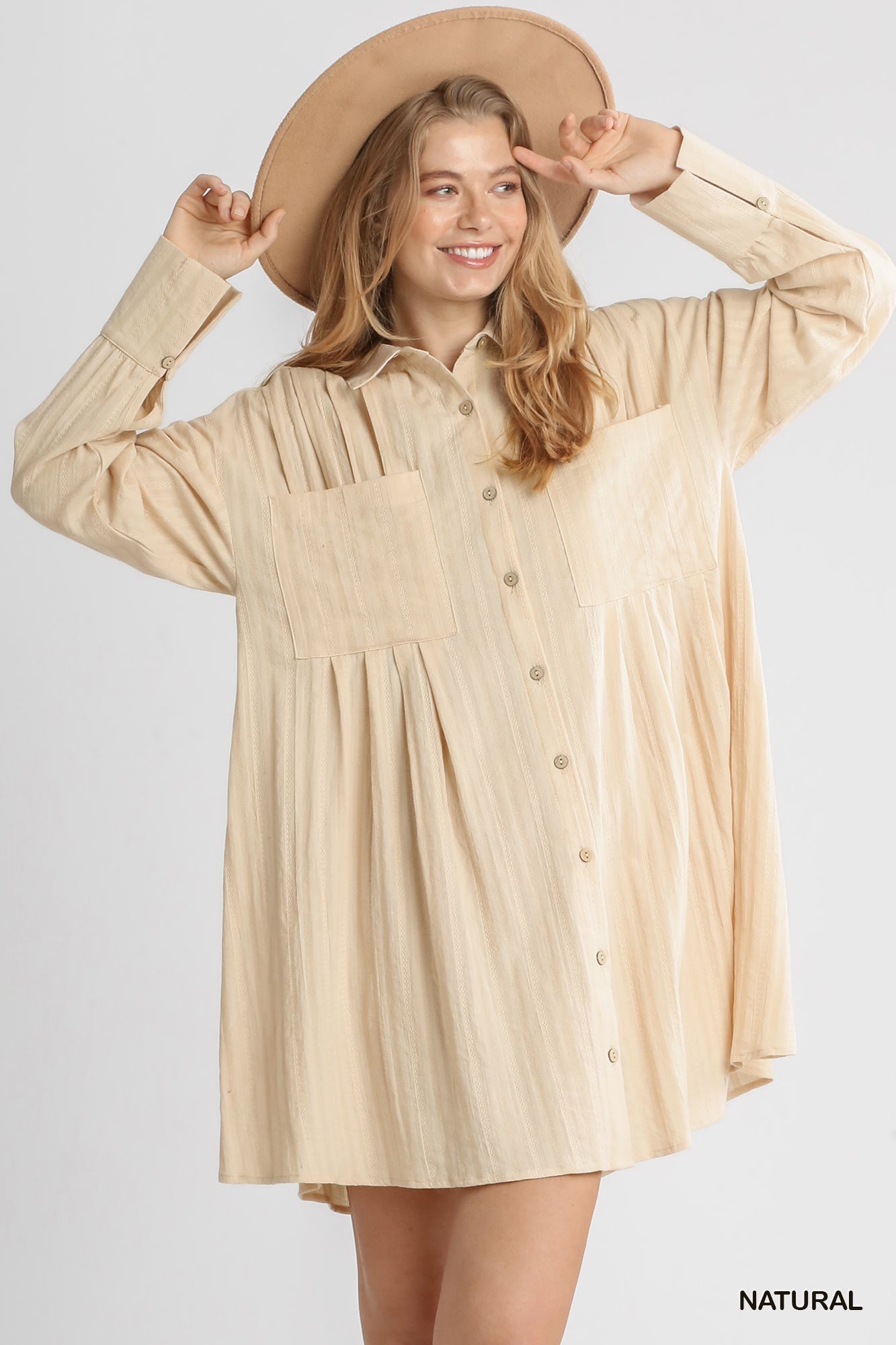 Natural Pleated Long Sleeve Dress