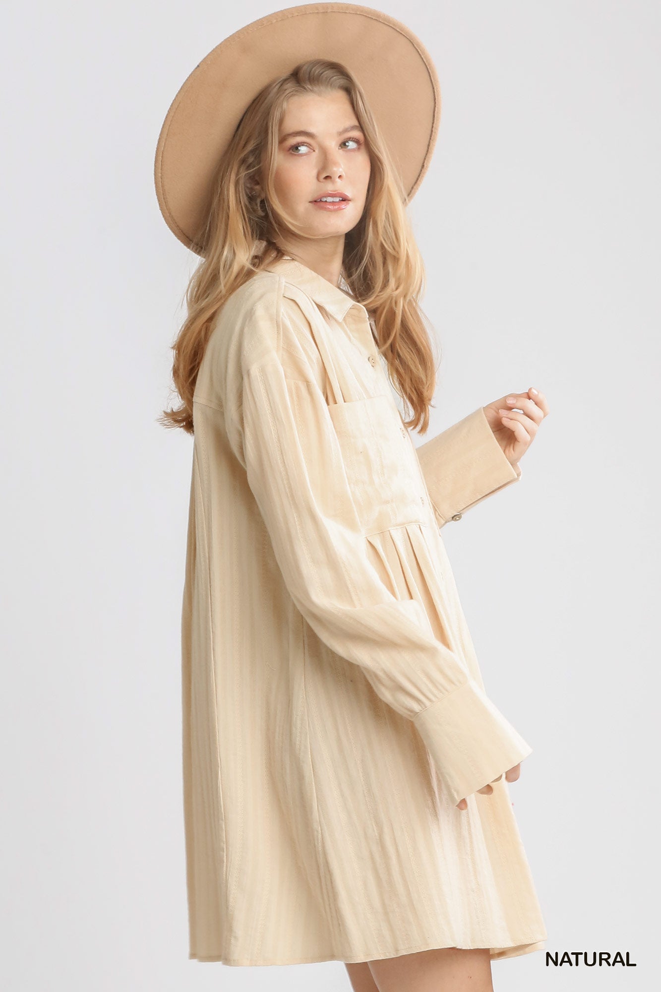 Natural Pleated Long Sleeve Dress