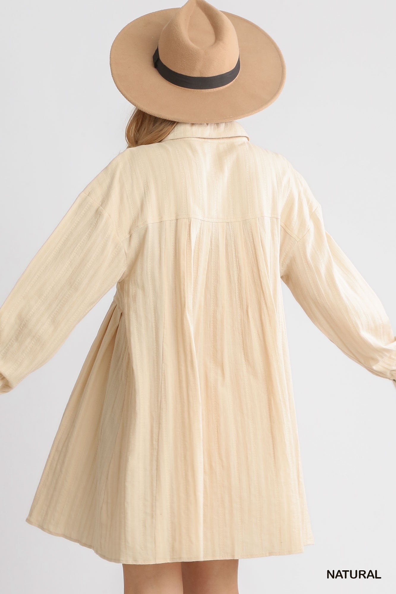 Natural Pleated Long Sleeve Dress