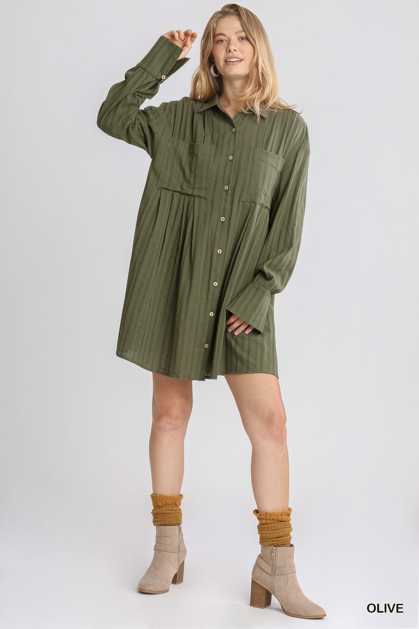 Olive Pleated Long Sleeve Dress