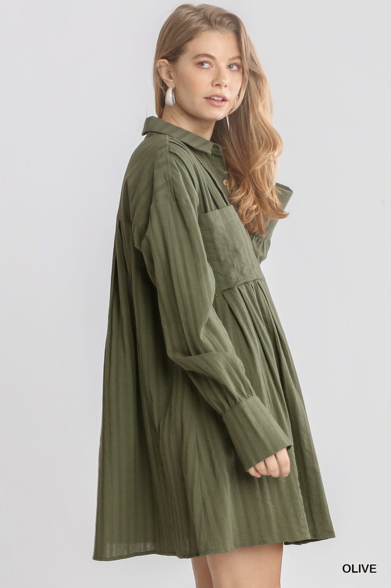 Olive Pleated Long Sleeve Dress