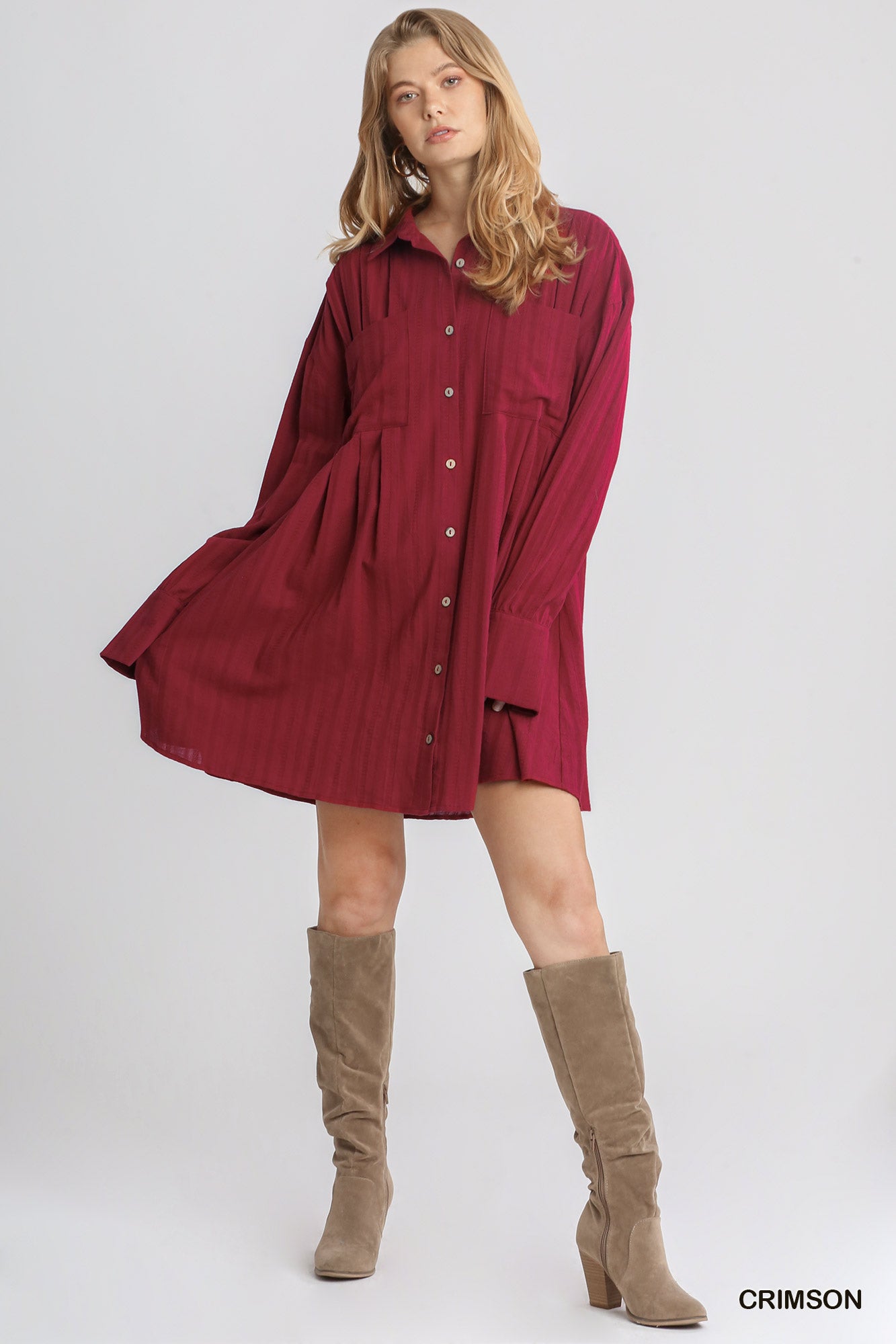 Crimson Pleated Long Sleeve Dress