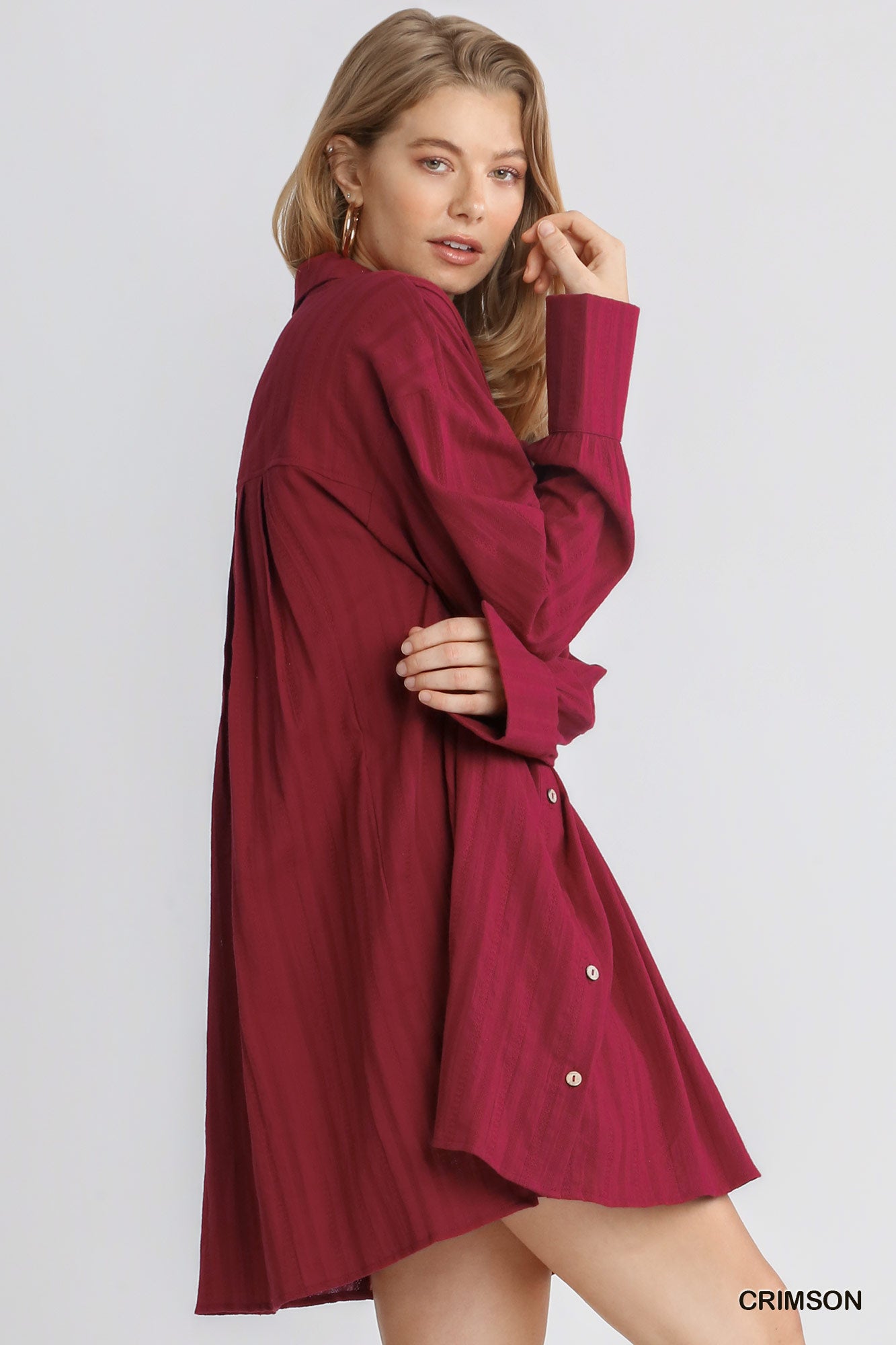 Crimson Pleated Long Sleeve Dress