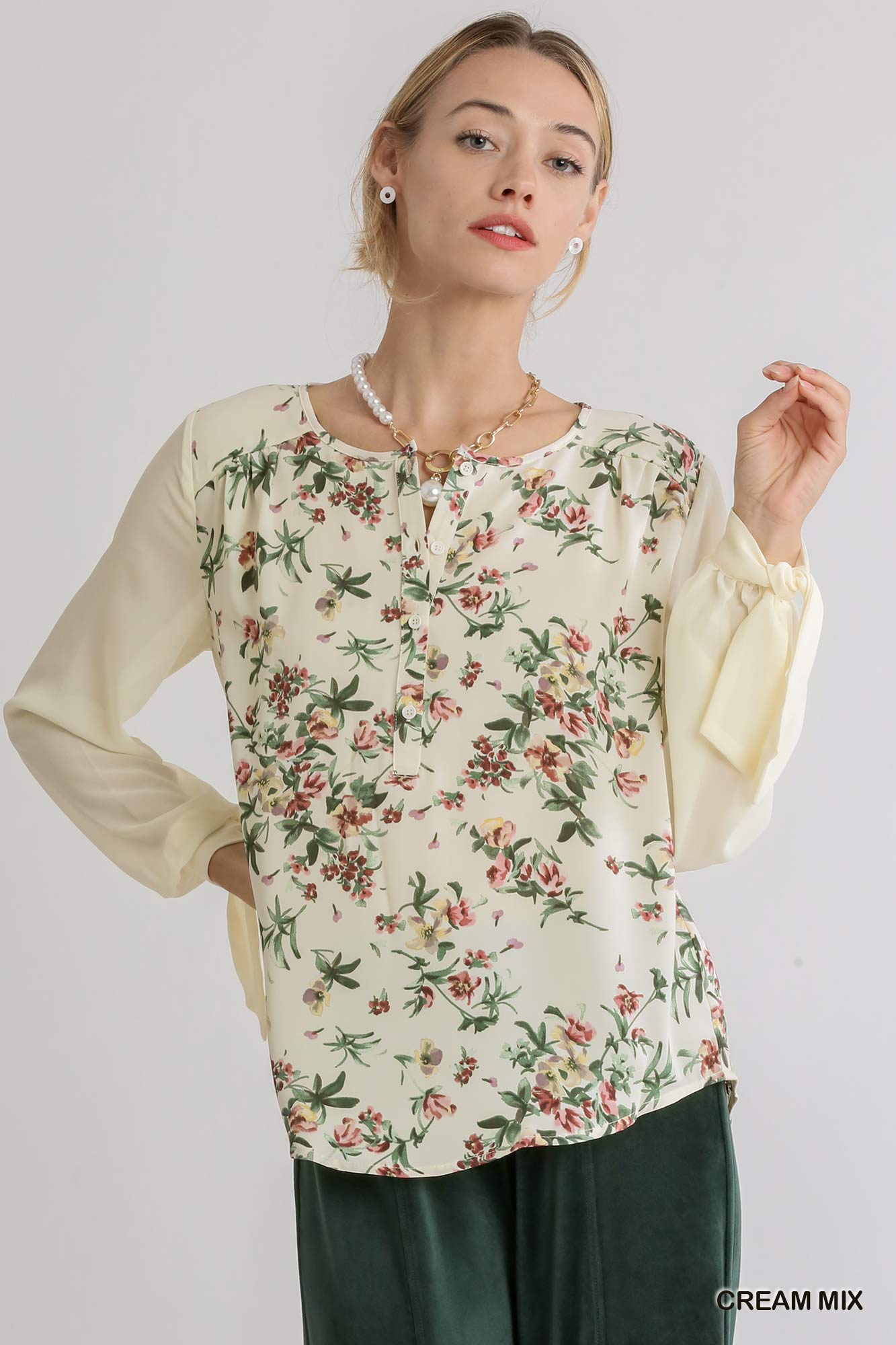Sale - Cream Mixed Floral Sheer Sleeve Top with Knotted Cuffs