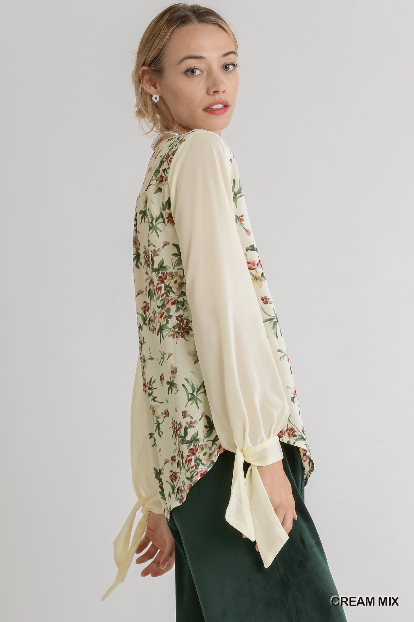 Sale - Cream Mixed Floral Sheer Sleeve Top with Knotted Cuffs
