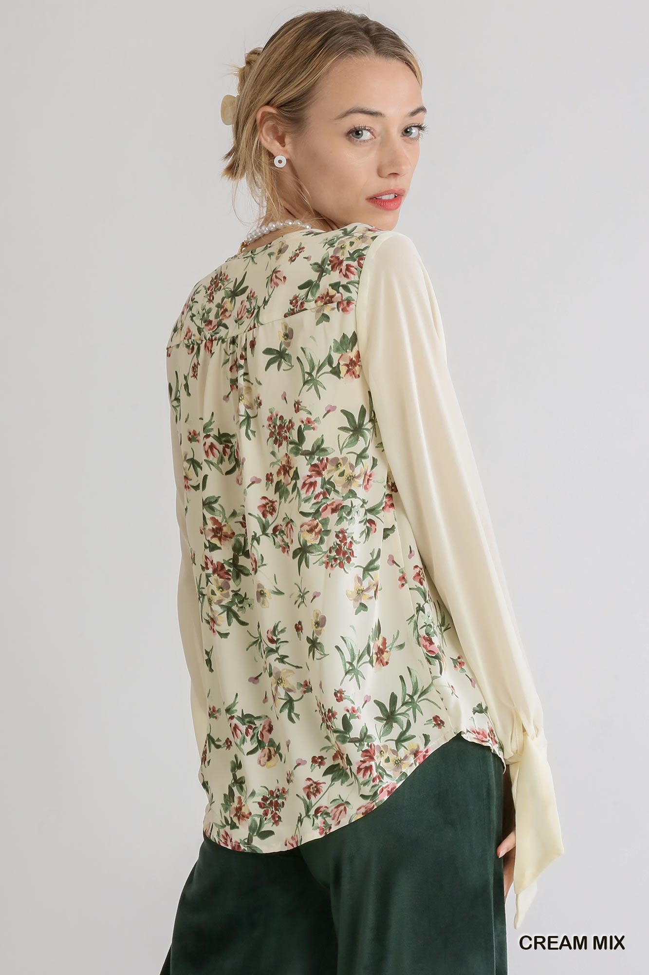 Sale - Cream Mixed Floral Sheer Sleeve Top with Knotted Cuffs