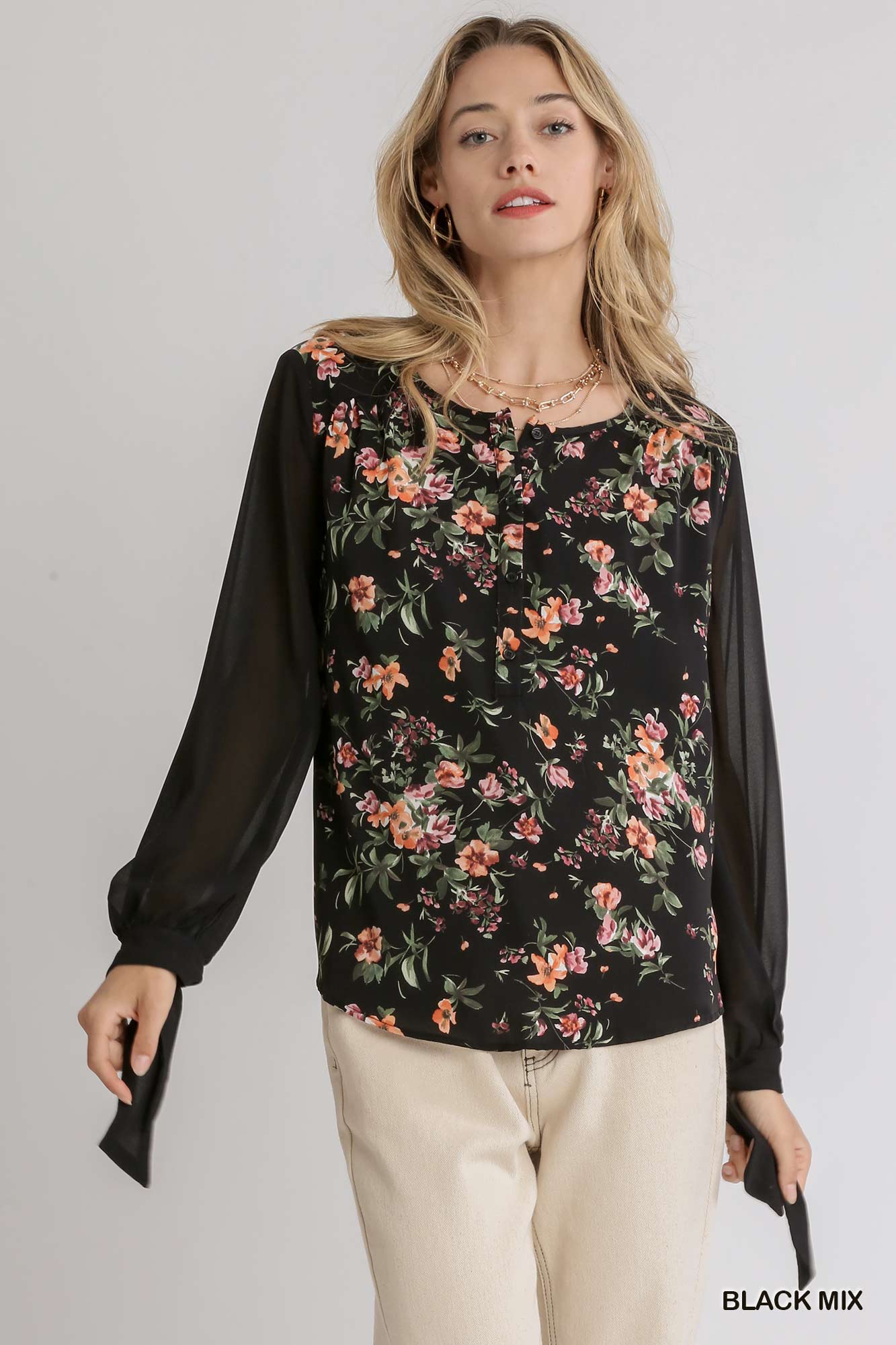 Black Mixed Floral Sheer Sleeve Top with Knotted Cuffs