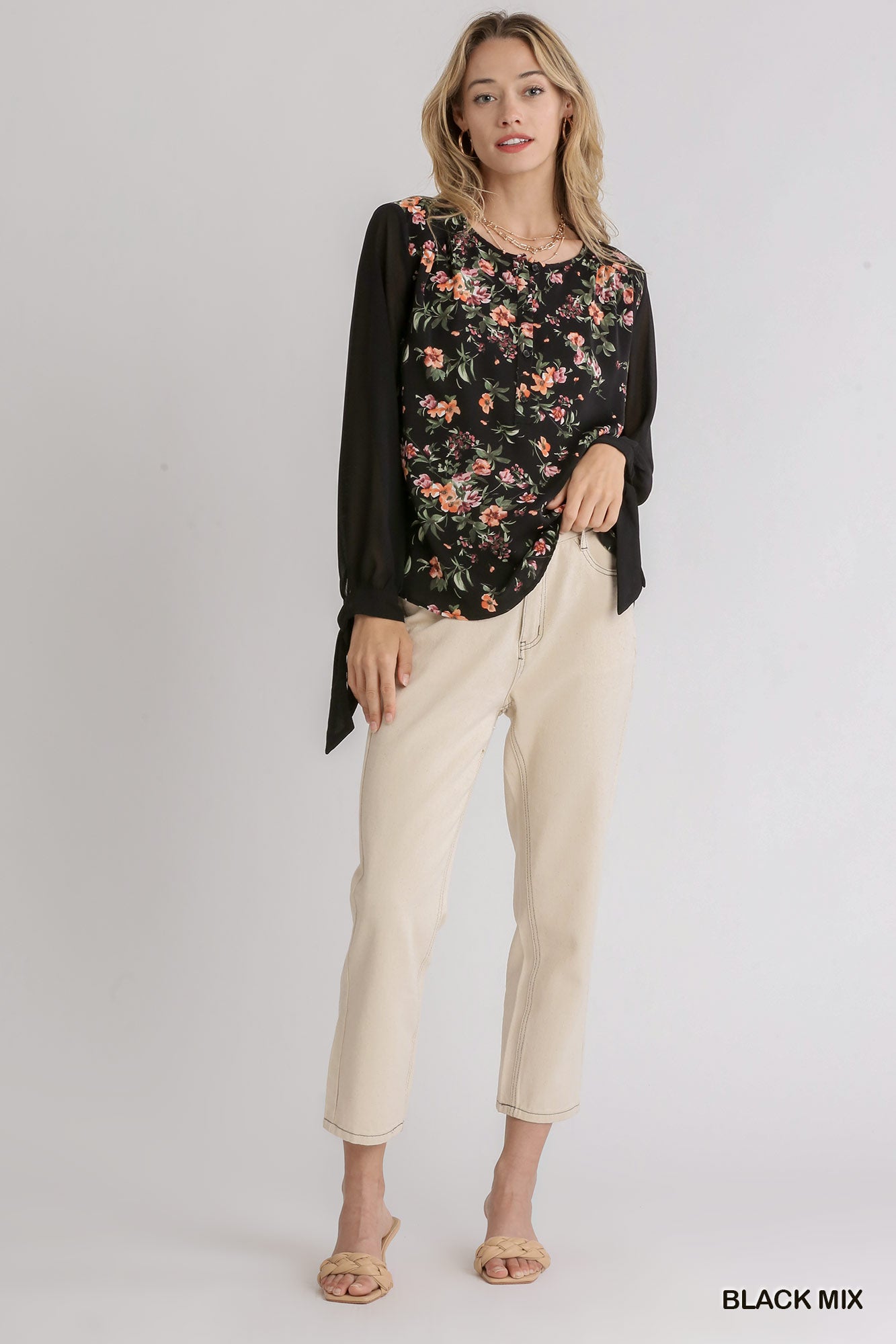 Black Mixed Floral Sheer Sleeve Top with Knotted Cuffs