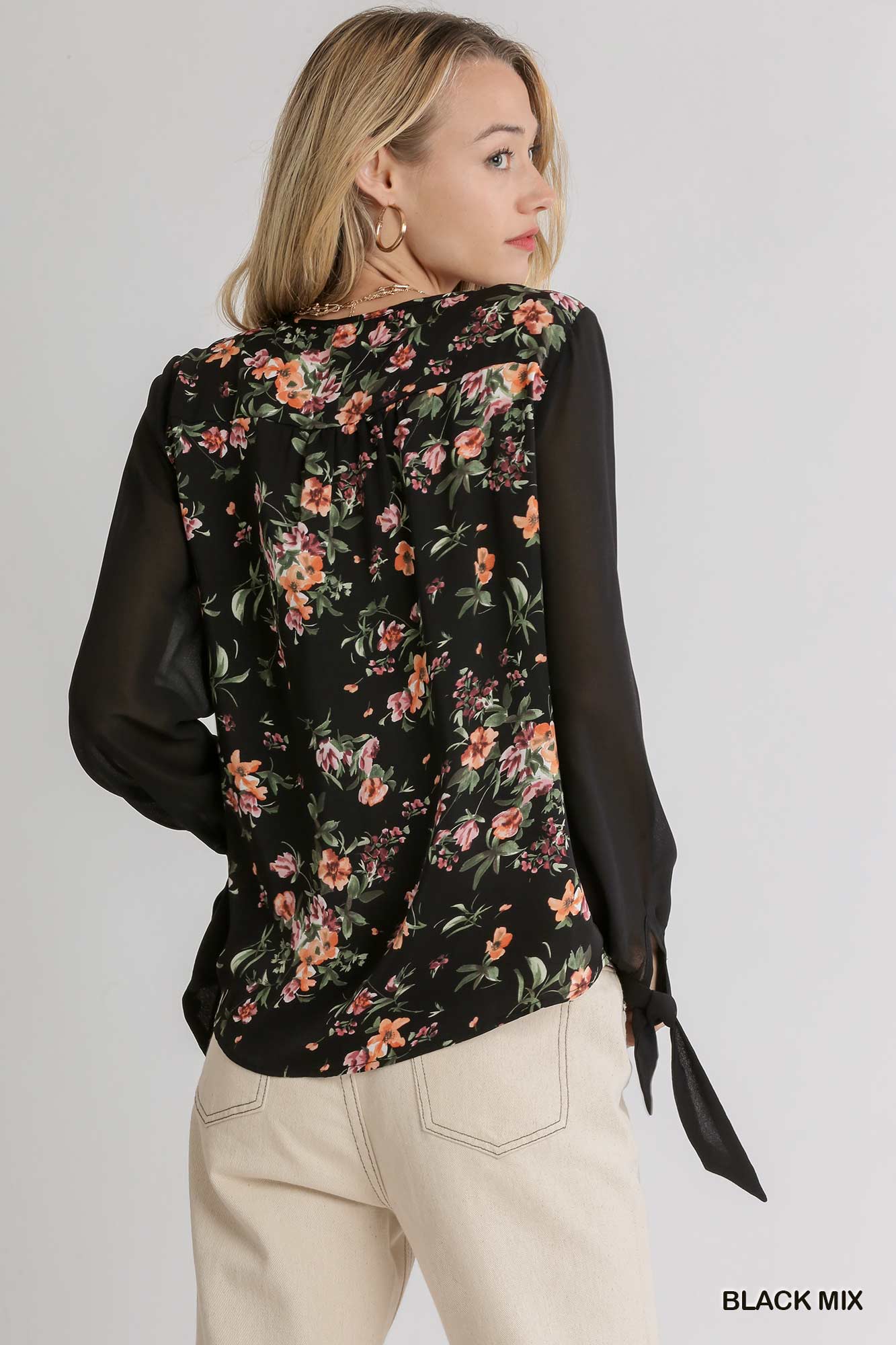 Black Mixed Floral Sheer Sleeve Top with Knotted Cuffs