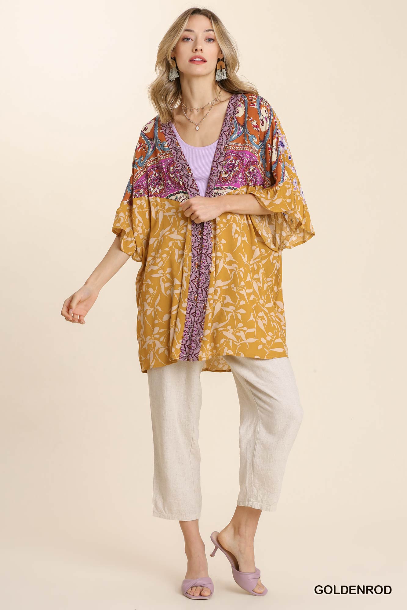 Sale - Goldenrod Mixed Print Ruffled Half Sleeve Open Front Kimono